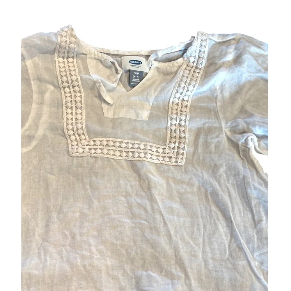 Old Navy Girls White Gauze Boho Crochet Lace‎ Trim Blouse Top Size S 6-7